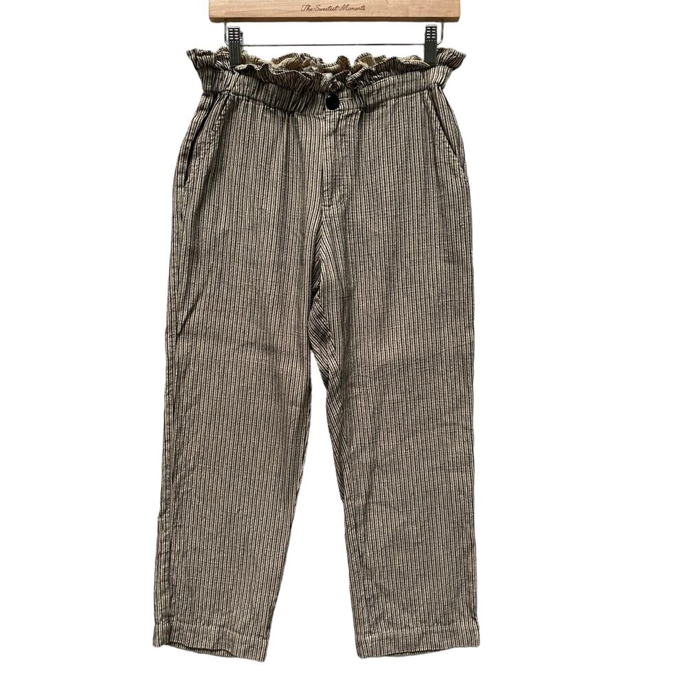 THE GREAT Linen Blend Paperbag Striped Straight Leg Pants Size 1